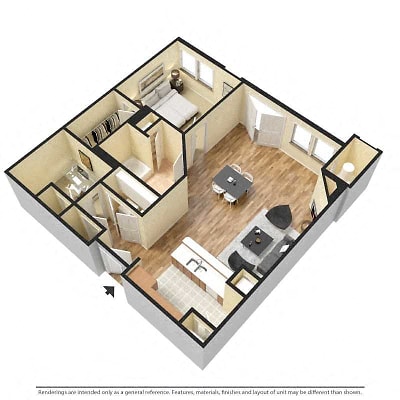 Floor plan for 1 bed, 1 bath, 884 sqft
